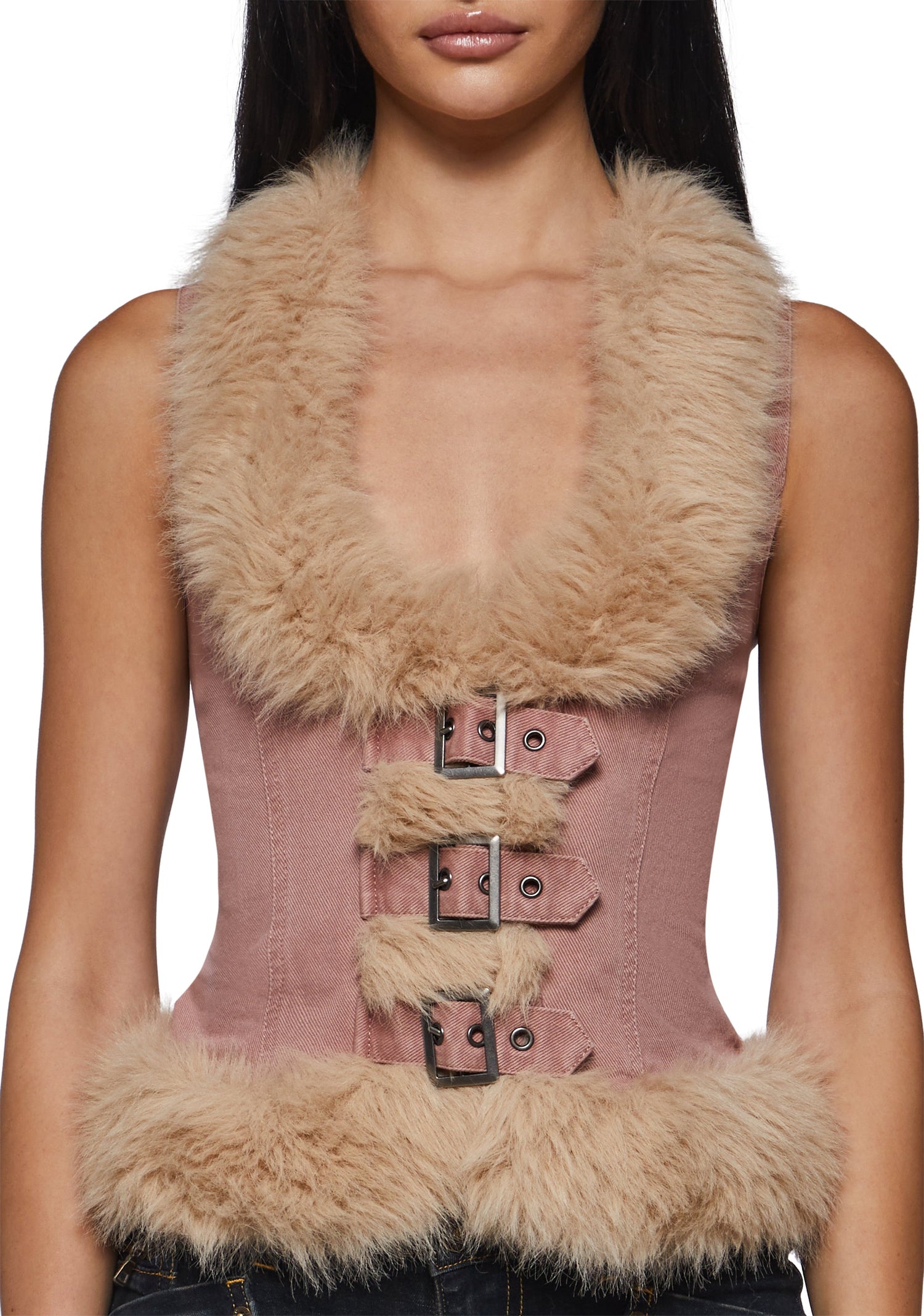 Ego Twill Fur Vest Top - Pink