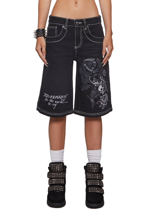 Butterfly Skull Embroidered Jort