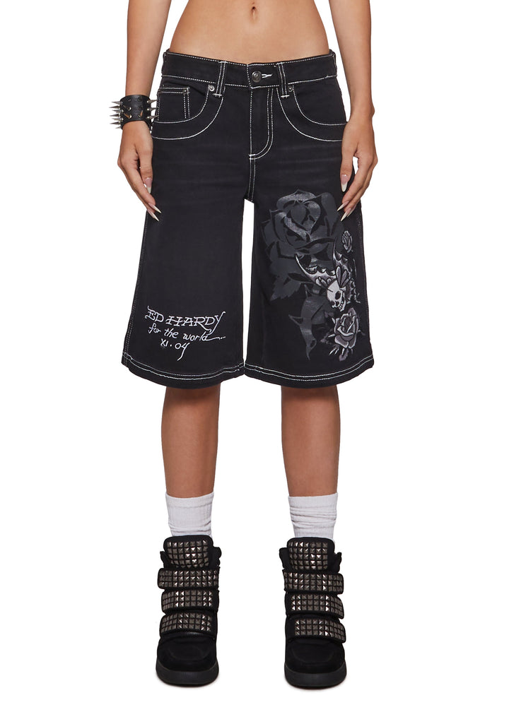 Butterfly Skull Embroidered Jort