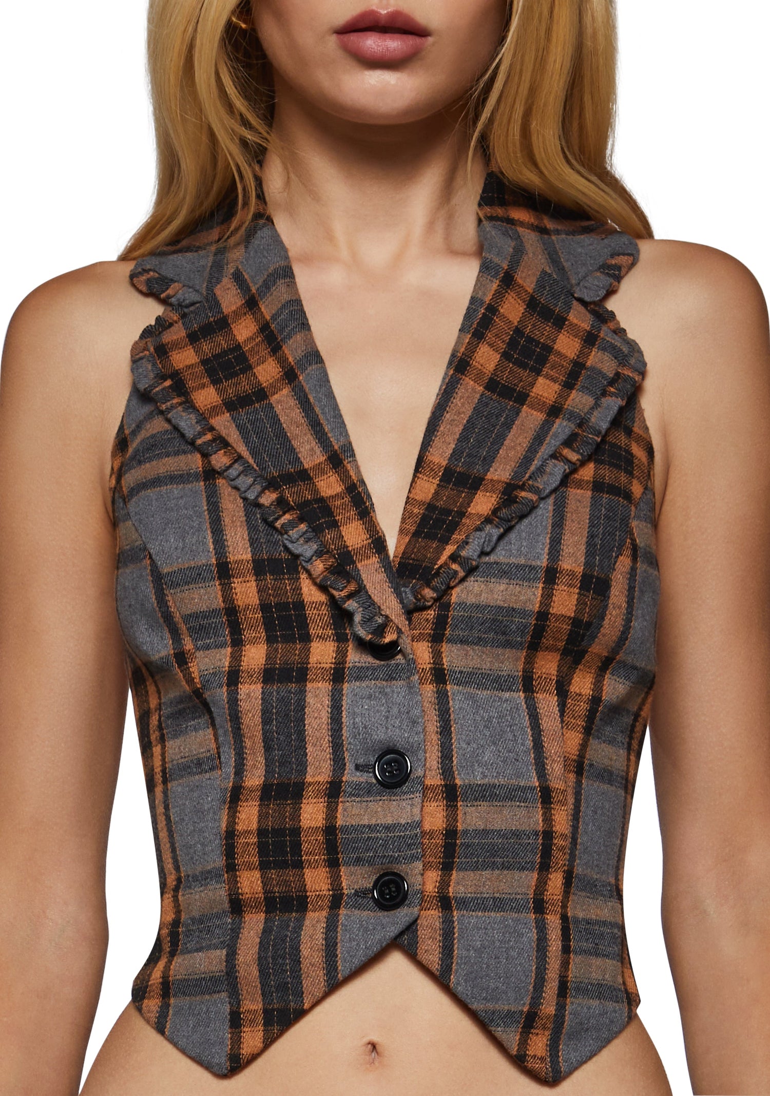Autumn Plaid Halter Vest with Ruffle