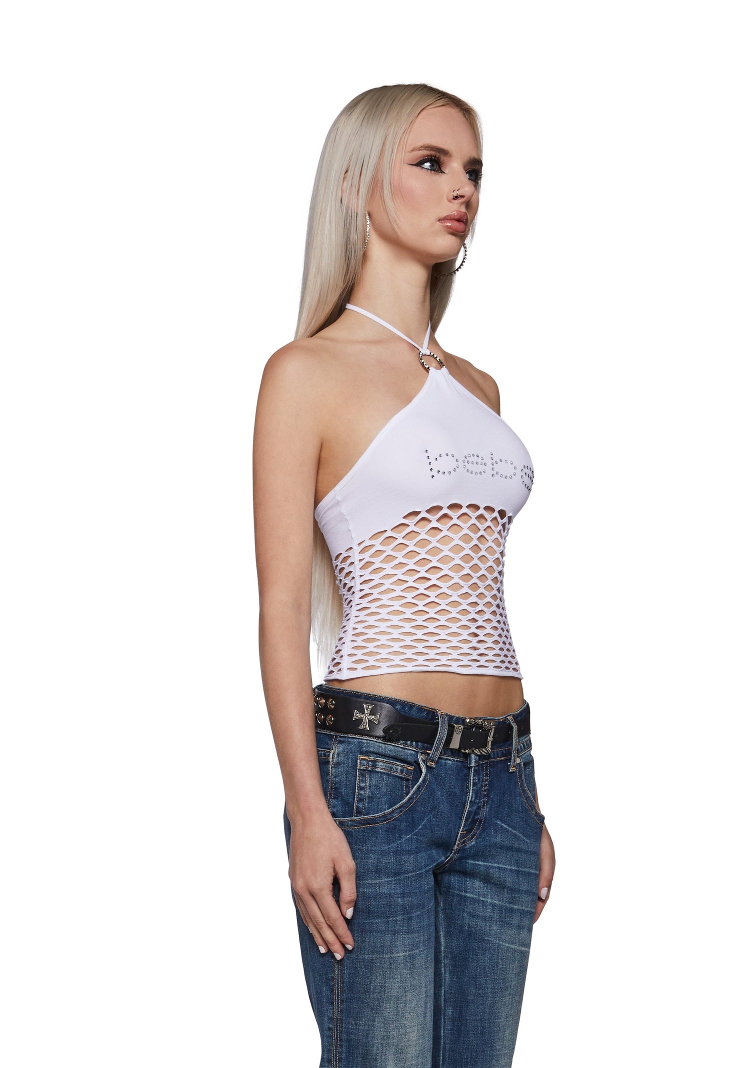 Fishnet Halter Top - White