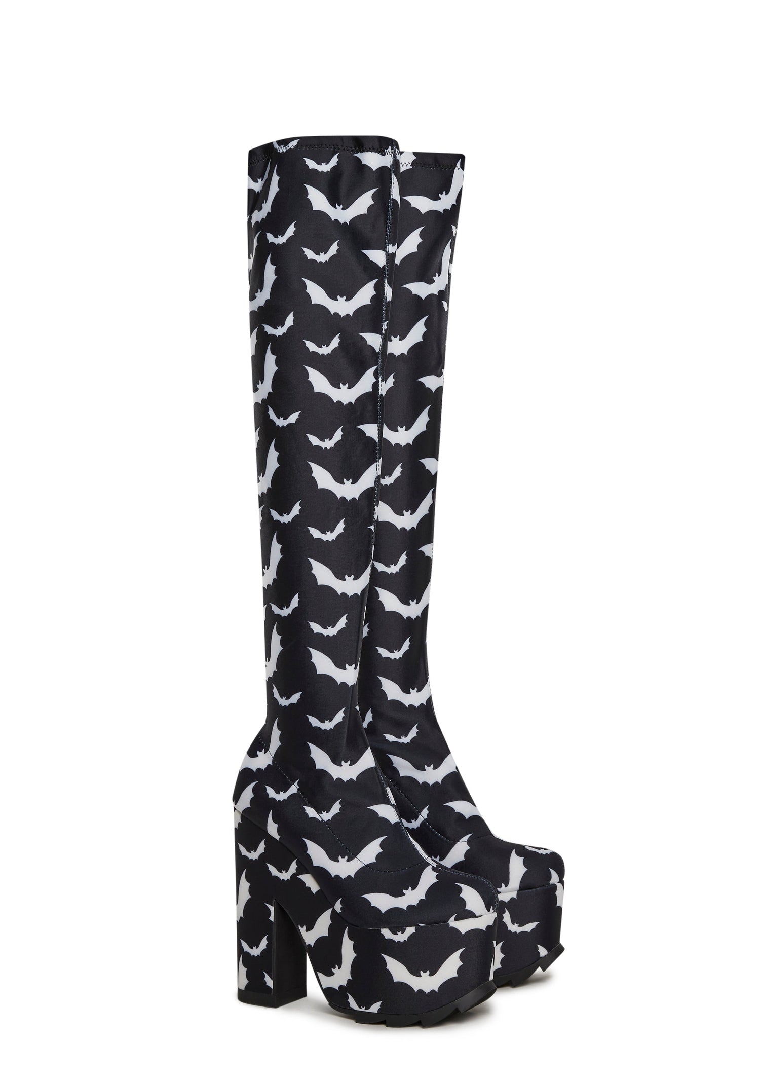 Labyrinth Bats Thigh High Platform Boots - Black/White