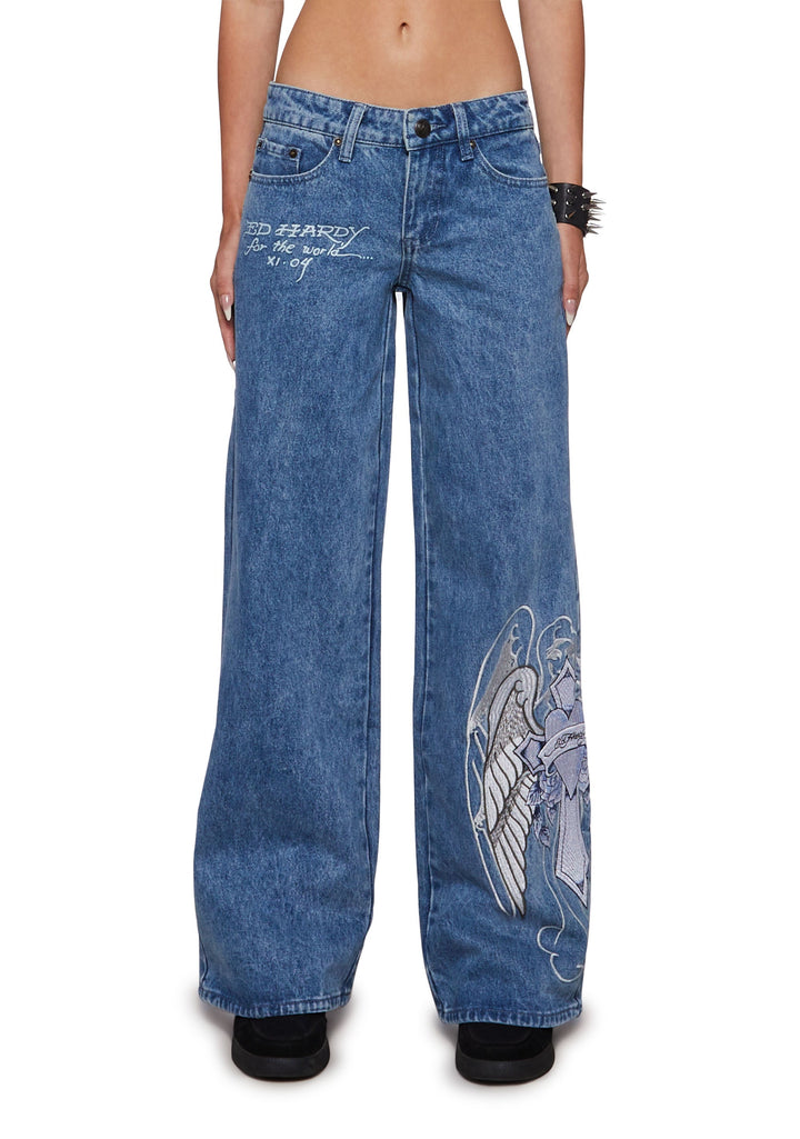 Cross Wings Embroidered Baggy Jean