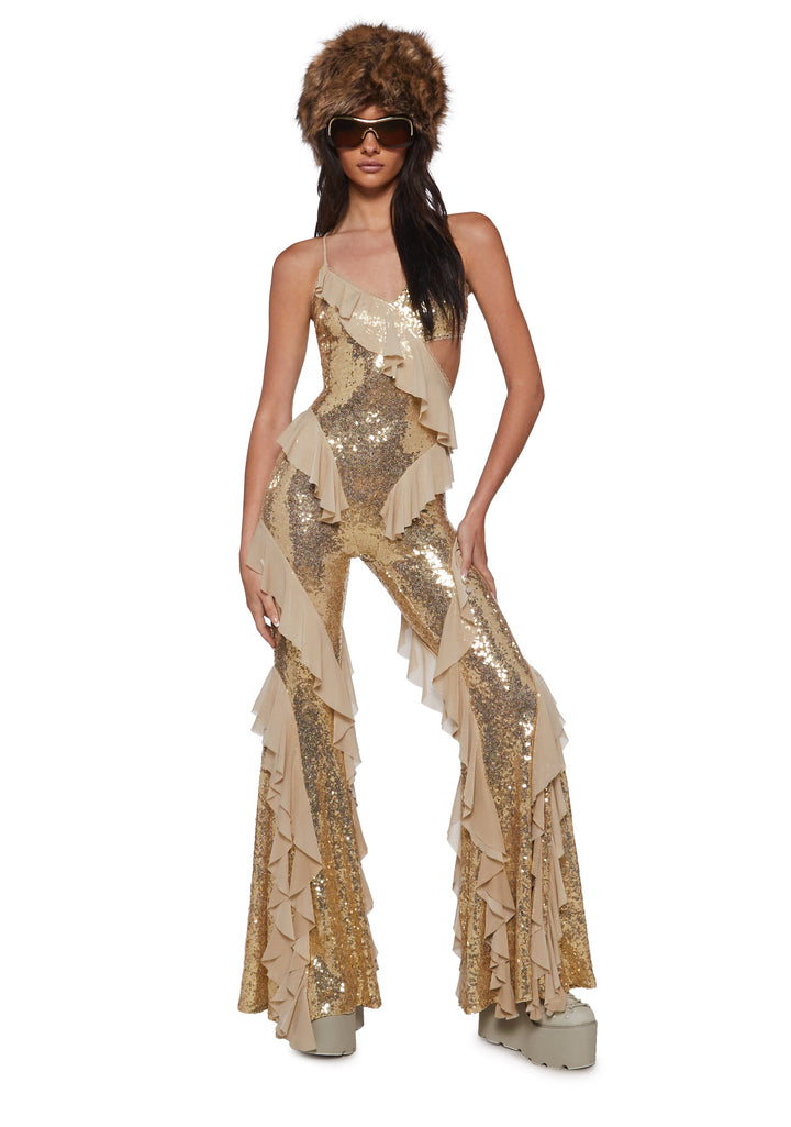 Melodramatic Gold Sequin Ruffle Jumpsuit
