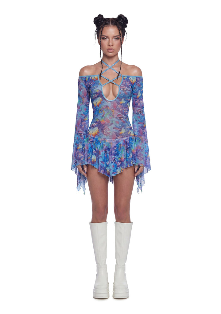 Mushroom Print Mesh Flowy Dress - Blue