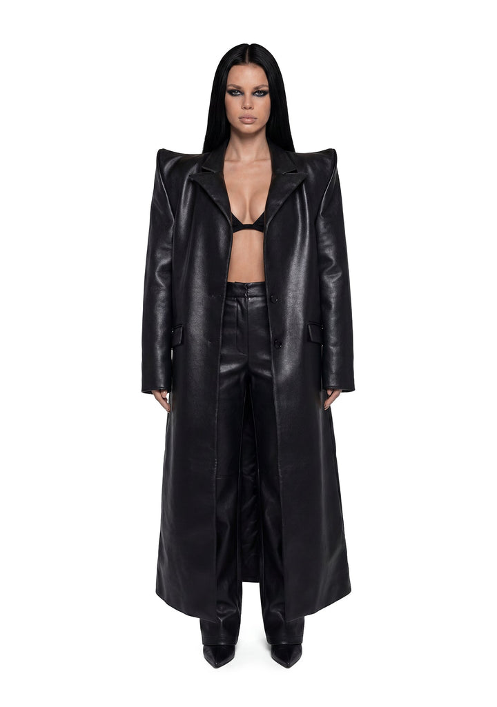 Doomsday Elongated Leather Coat - Black