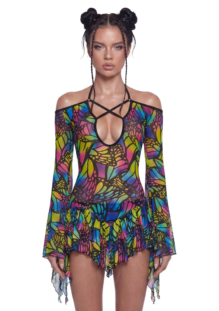 Butterfly Print Mesh Flowy Dress - Multi