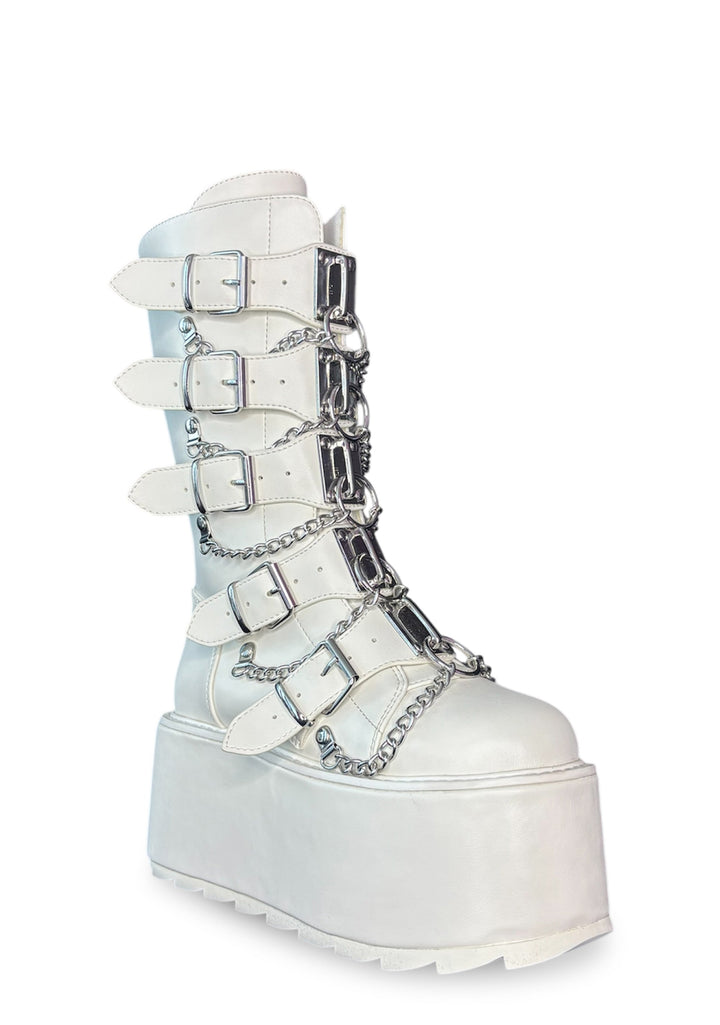 Glitch Buckle Mid Calf Platform Boots - White