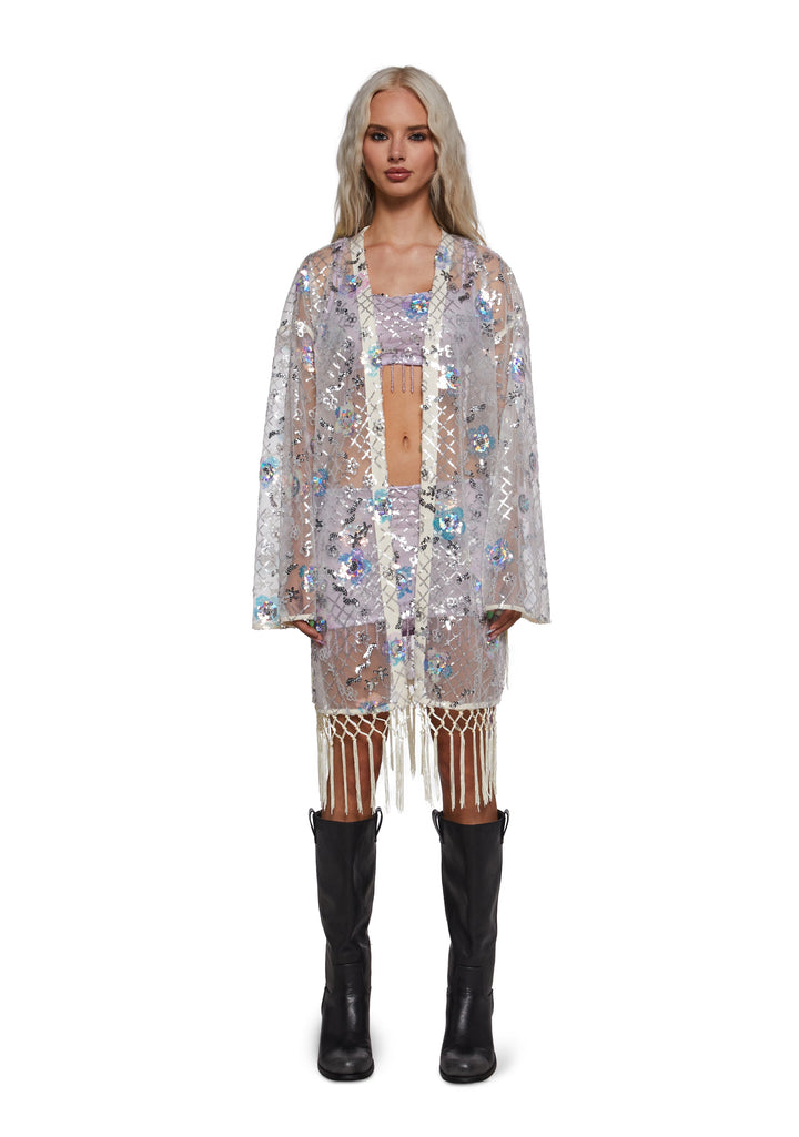 Fluorescent Eden Sequin Duster - White