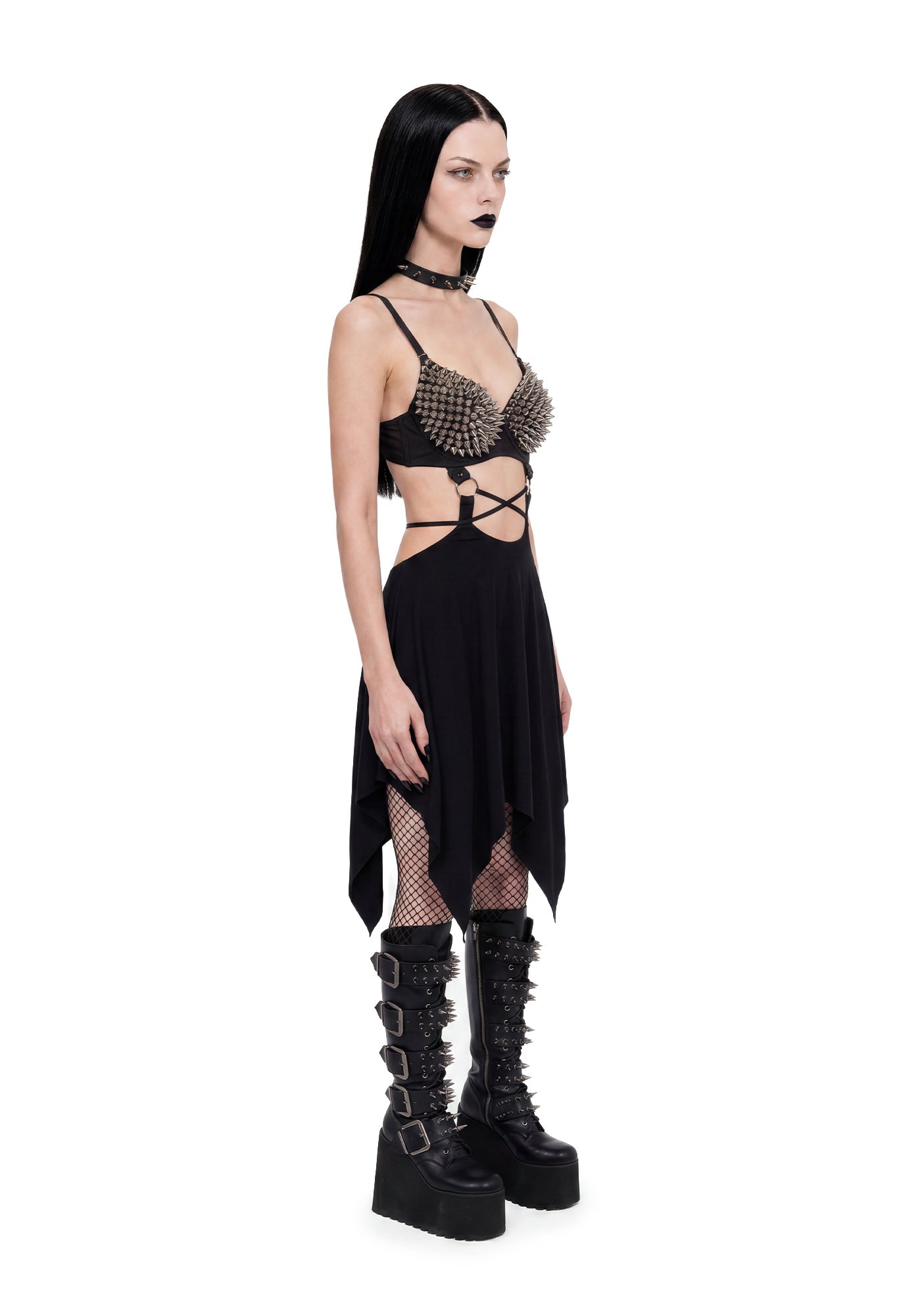 Iron Maiden Spiked Bra Handkerchief Midi Dress