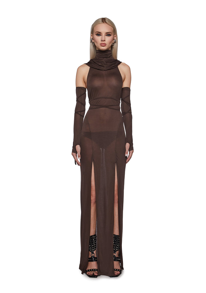 Siren Hooded Slit Maxi Dress - Brown