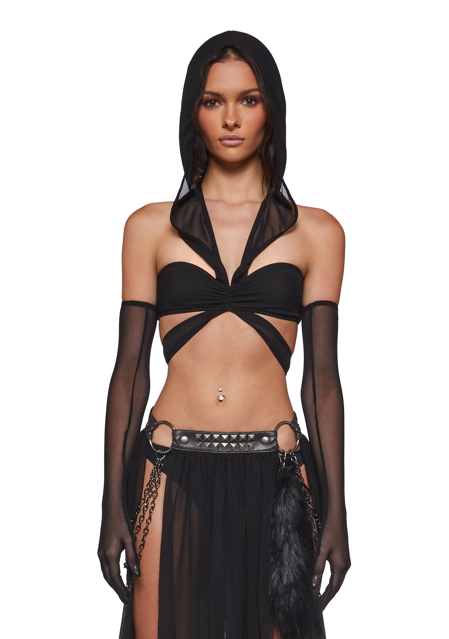 Dark Goddess Hooded Mesh Wrap Top with Gloves