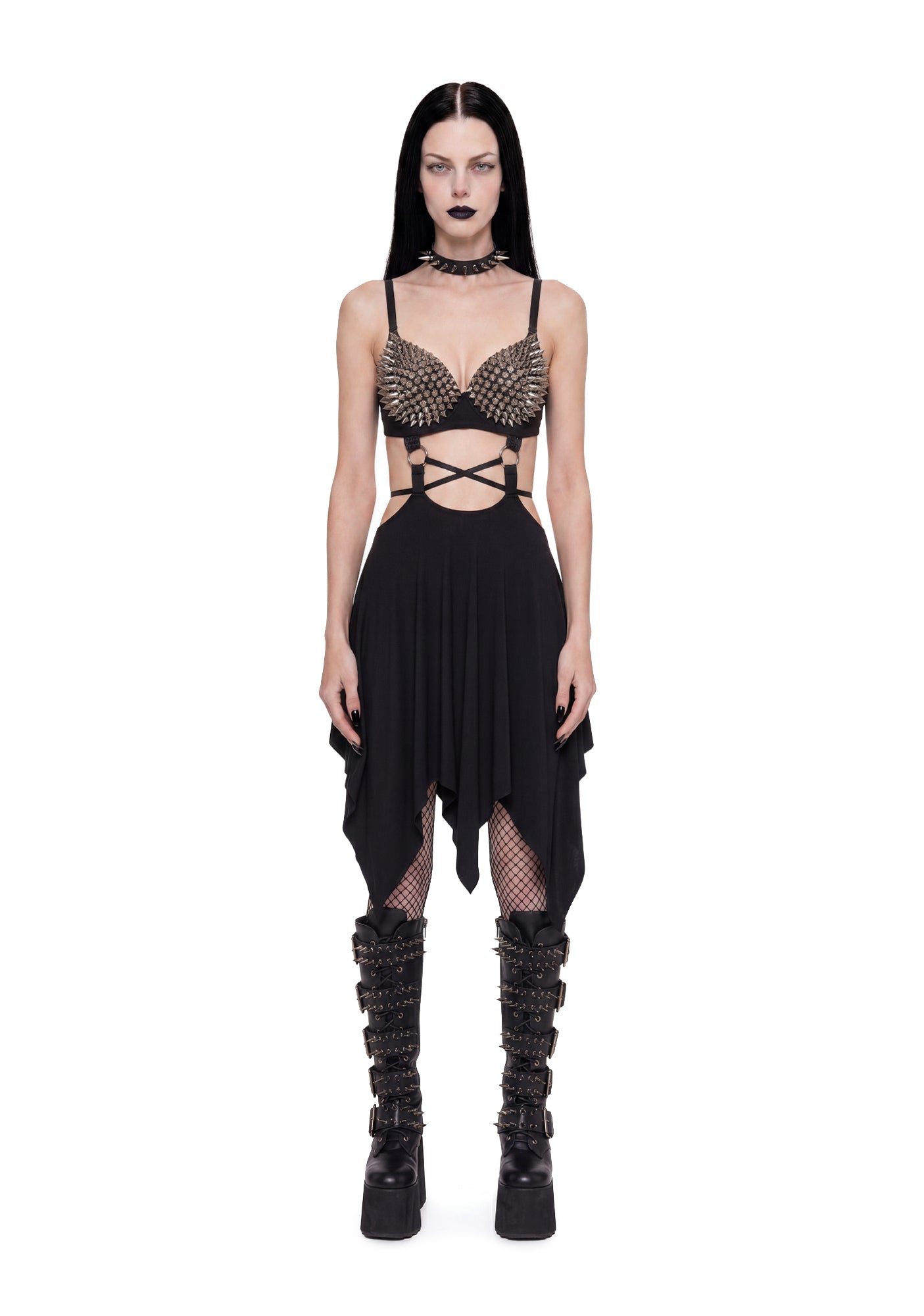 Iron Maiden Spiked Bra Handkerchief Midi Dress