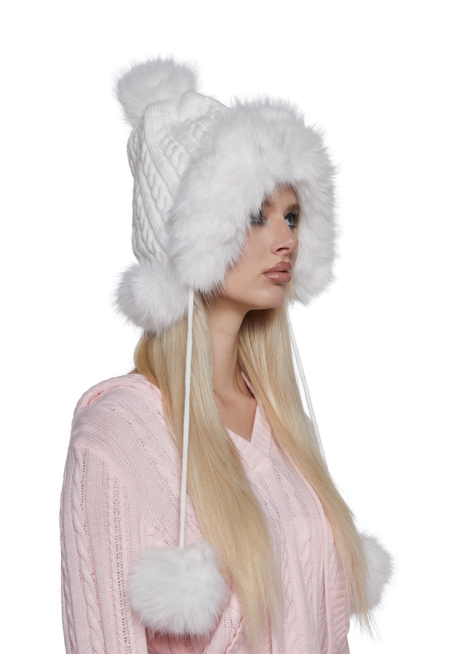 Bubble Pop Faux Fur Hat With Pom Poms - White
