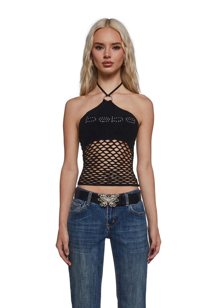 Fishnet Halter Top - Black