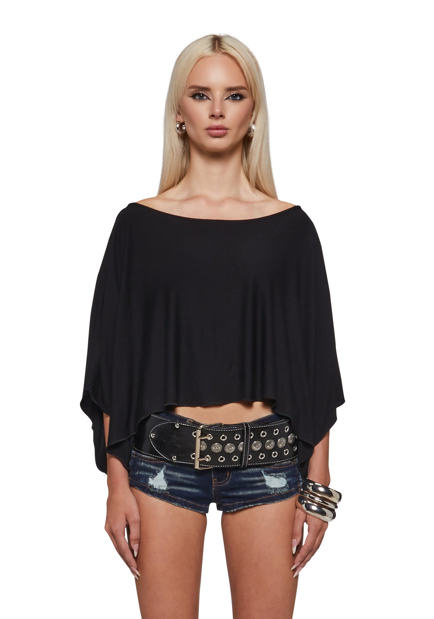 Leah Off The Shoulder Knit Poncho - Black