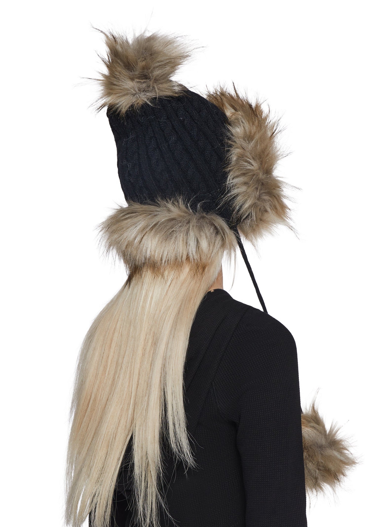 Bubble Pop Faux Fur Hat With Pom Poms - Black