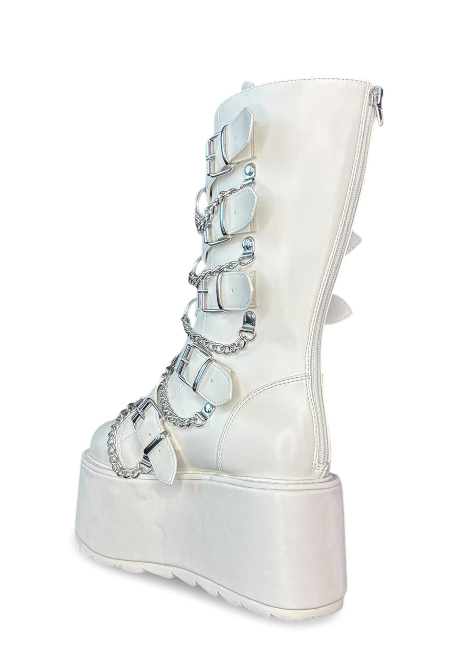 Glitch Buckle Mid Calf Platform Boots - White