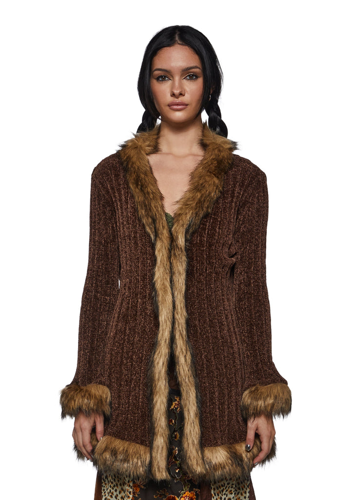 Furry Foe Long Cardigan-Brown