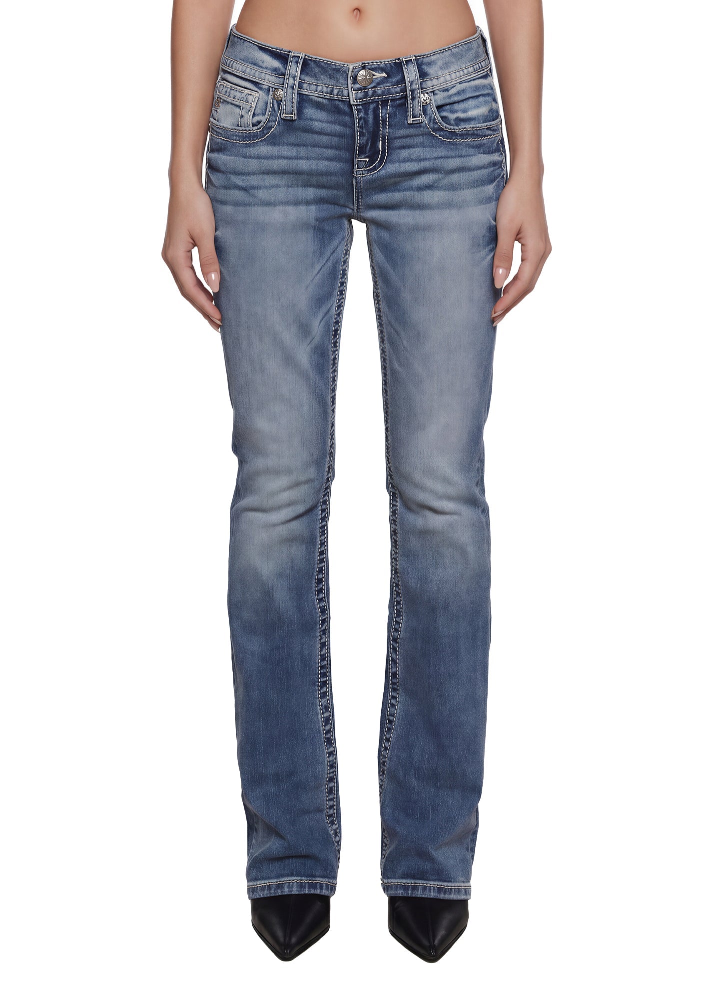 Halo Border Stitched Low Rise Bootcut Jeans 32"