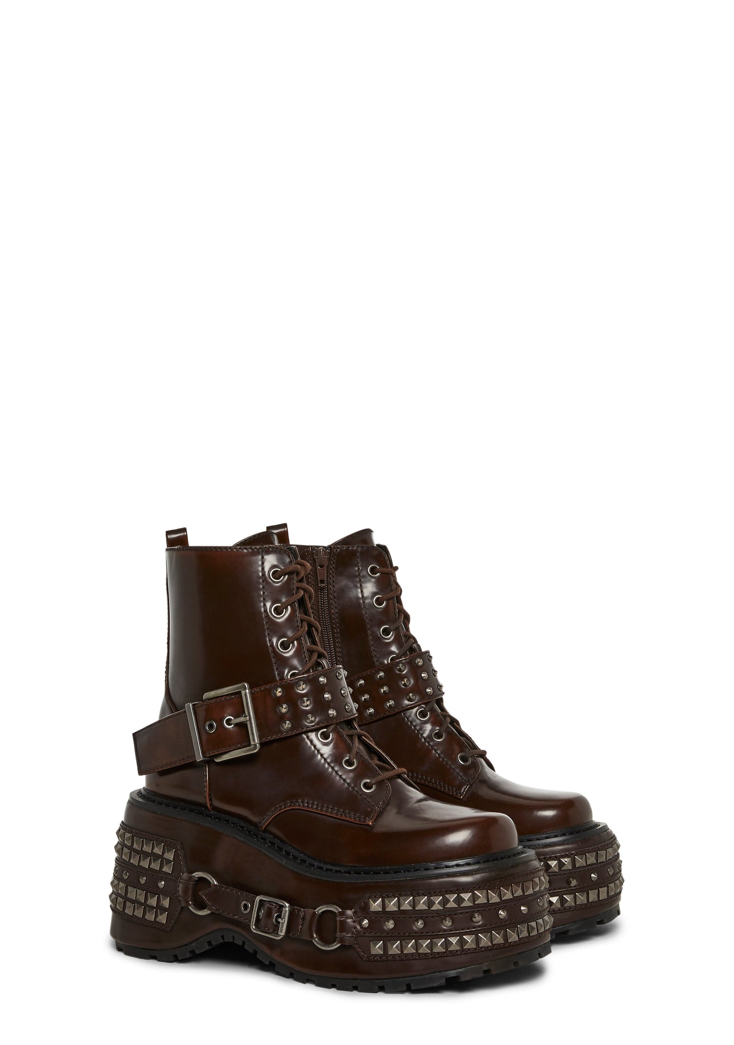 Siren Studded Hardware Combat Platform Boots - Brown