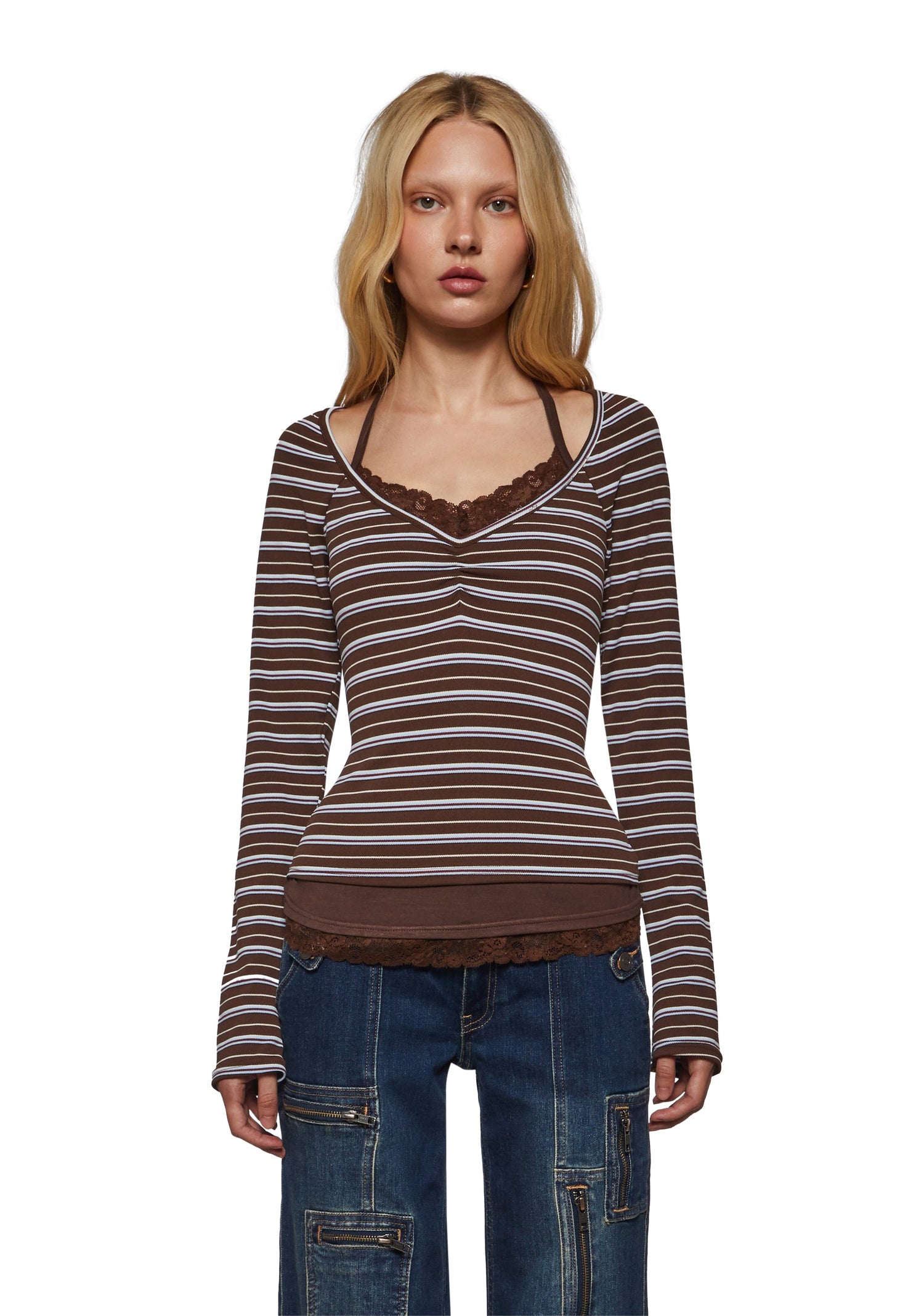 Angela Stripe Layered Cami Long Sleeve - Brown