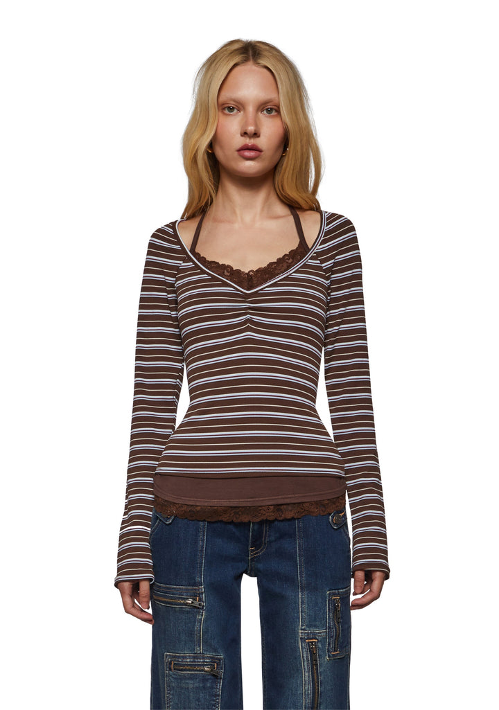 Angela Stripe Layered Cami Long Sleeve - Brown