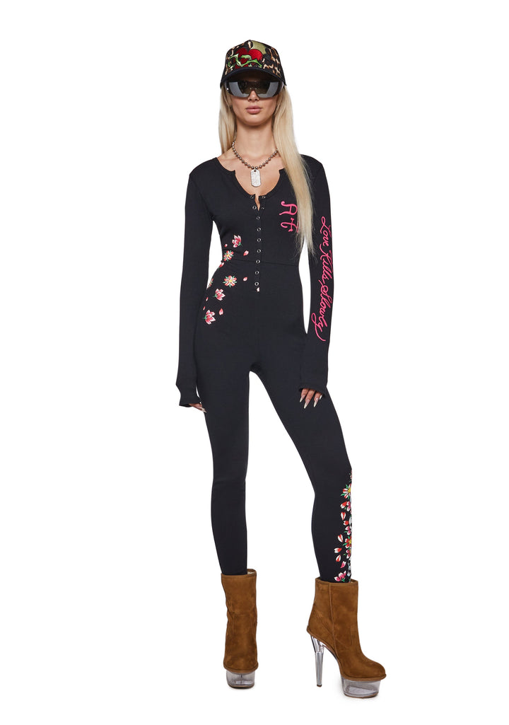 Flower Skull Long Sleeve PJ Onesie - Black