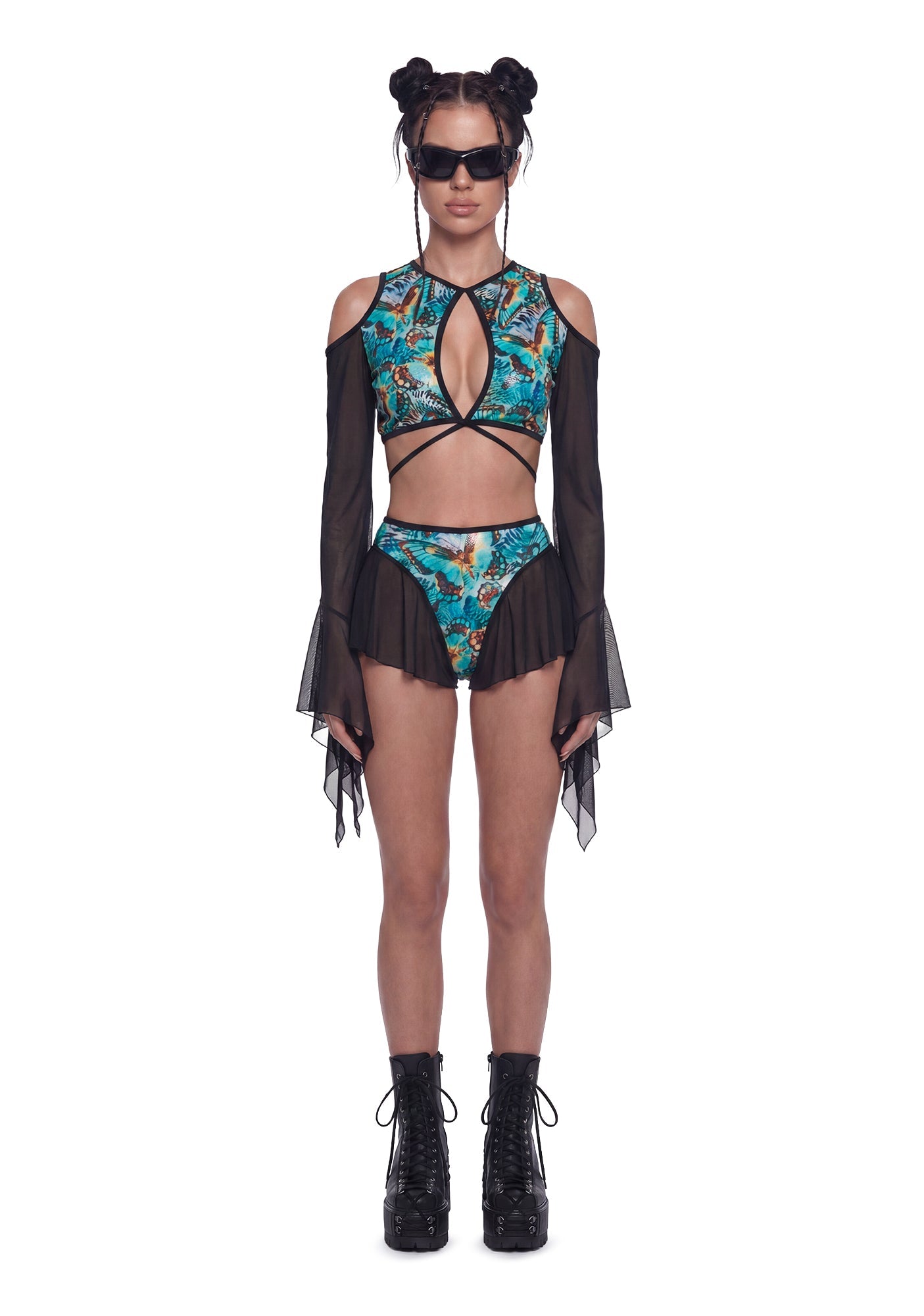 Butterfly Print Cut Out Top - Teal/Black