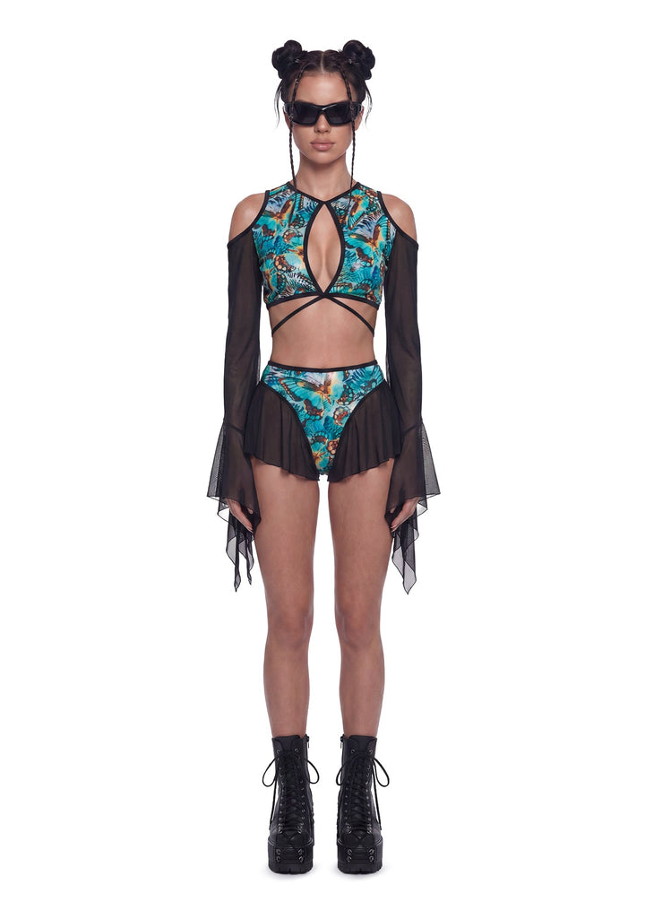 Butterfly Print Cut Out Top - Teal/Black