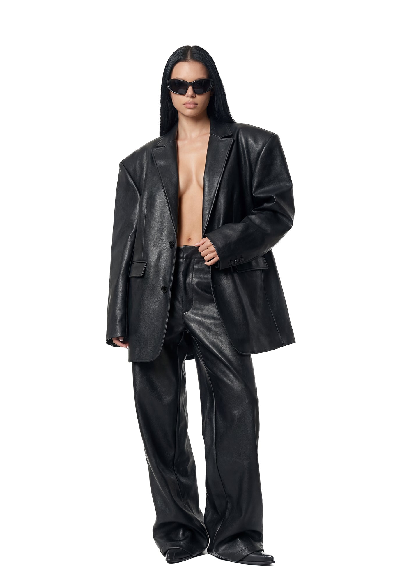 Leather Oversize Blazer - Black