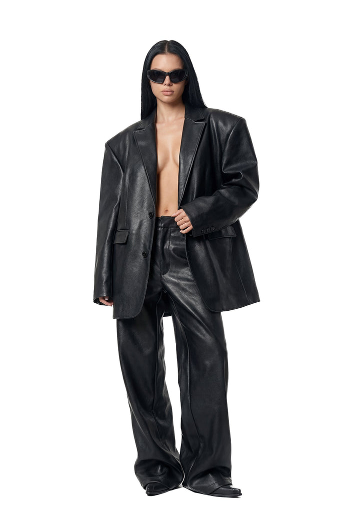 Leather Oversize Blazer - Black