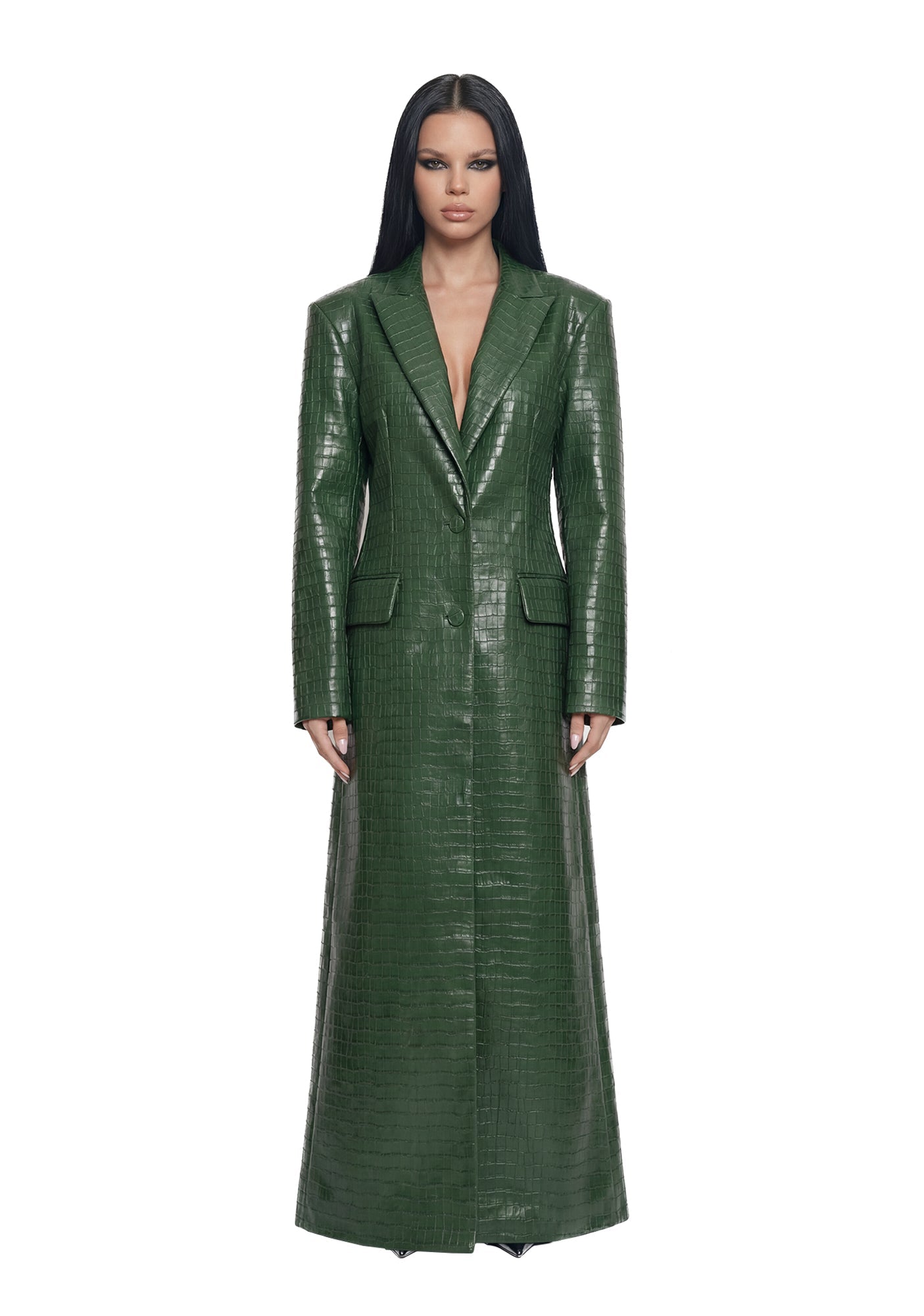 Croc Leather Elongated Blazer Coat - Green