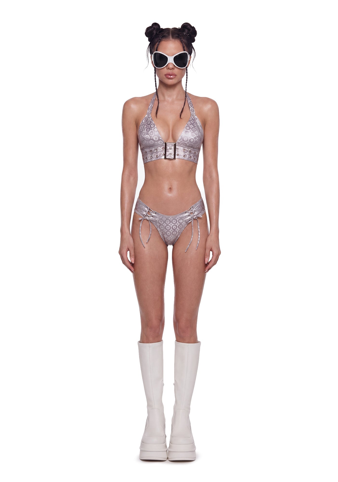 Metallic Buckled Halter Festival Set - Silver