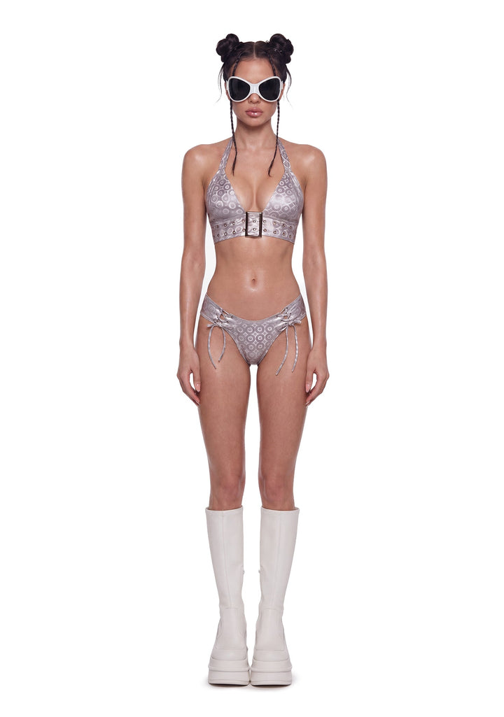 Metallic Buckled Halter Festival Set - Silver