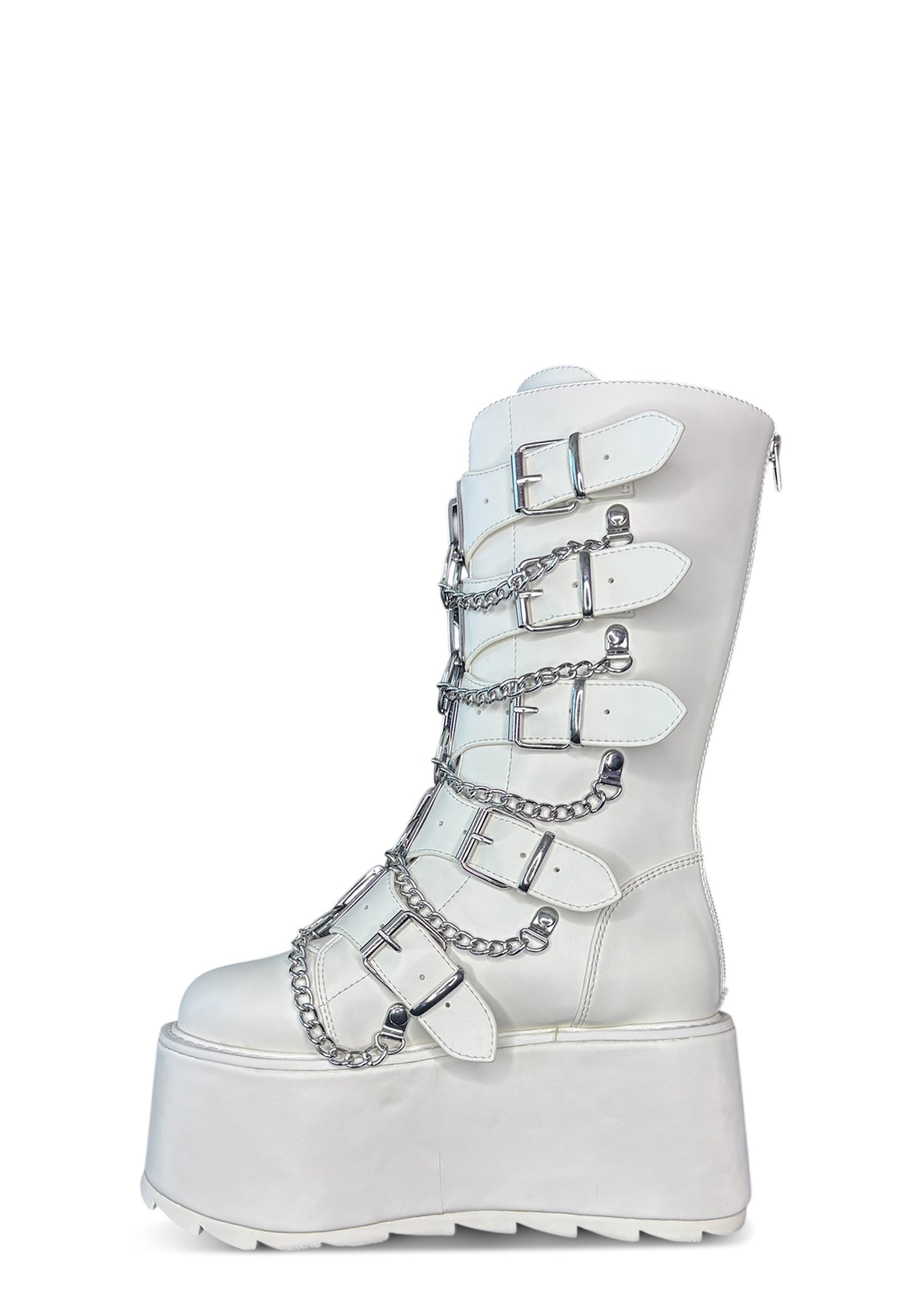 Glitch Buckle Mid Calf Platform Boots - White