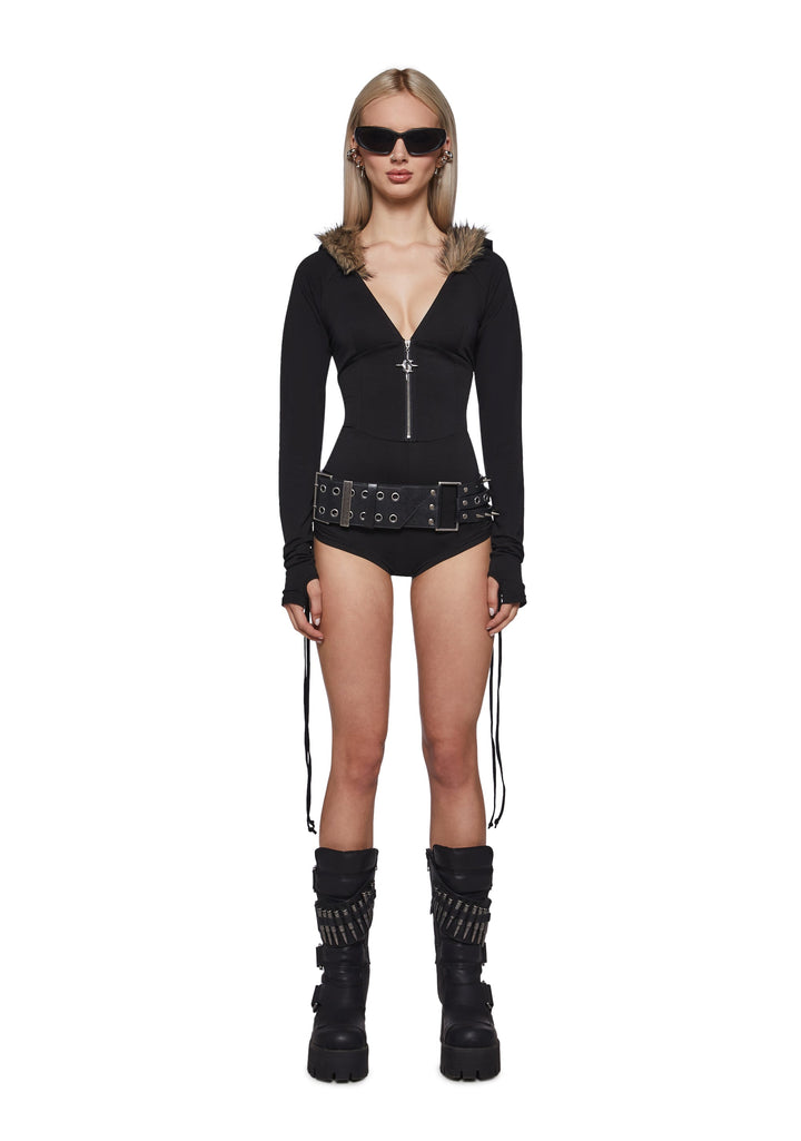 Siren Fur Hood Long Sleeve Romper - Black