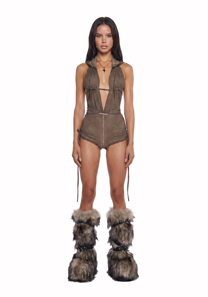 Downbeat Hooded Romper - Brown