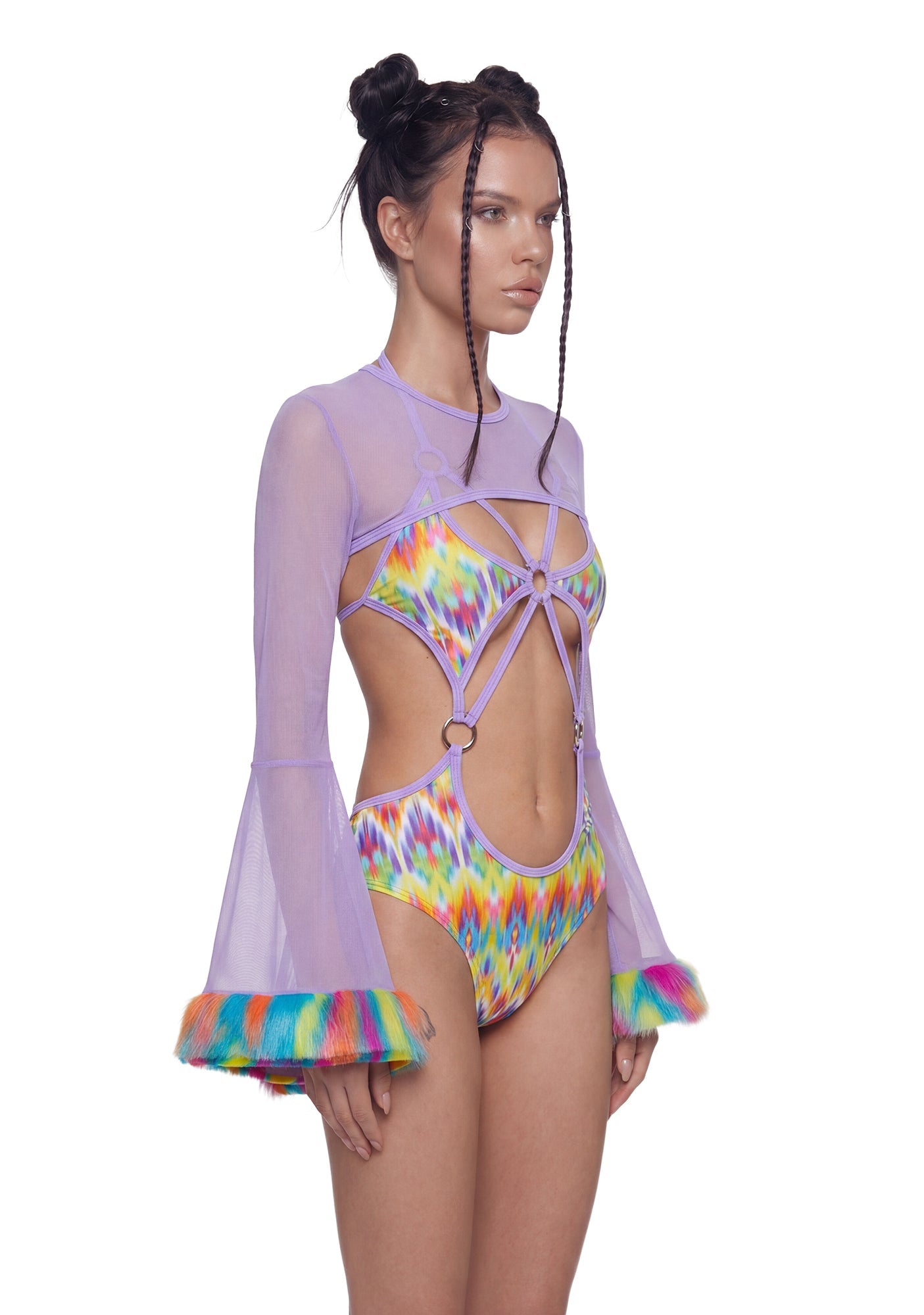 Neon Pop Faux Fur Trimmed Mesh Shrug