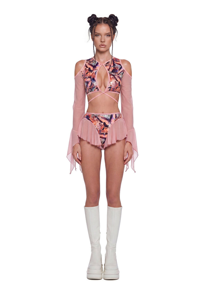 Butterfly Print Cut Out Top - Pink