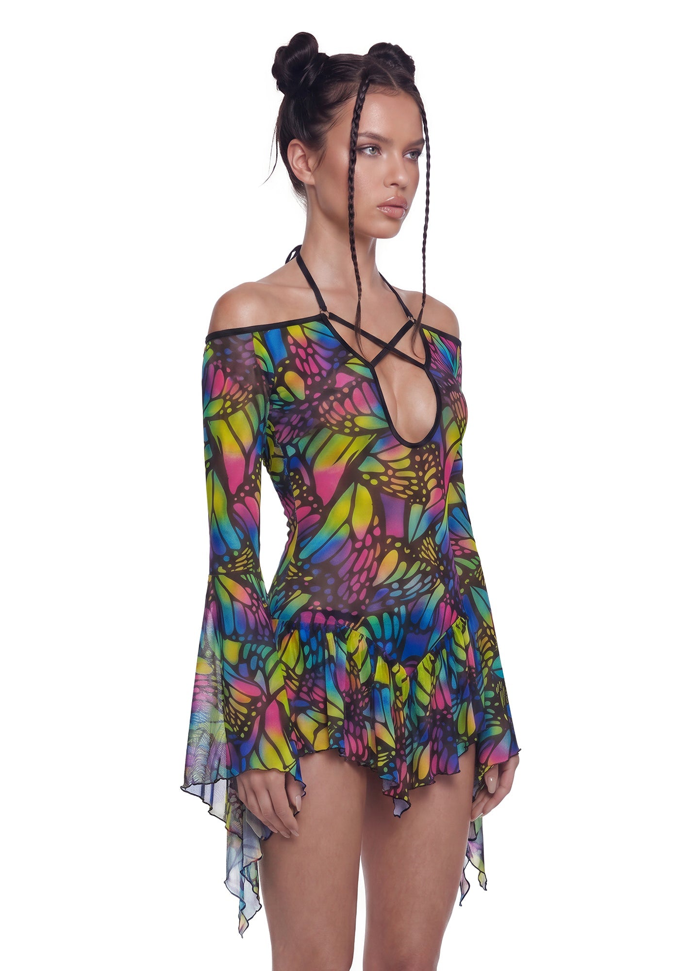 Butterfly Print Mesh Flowy Dress - Multi