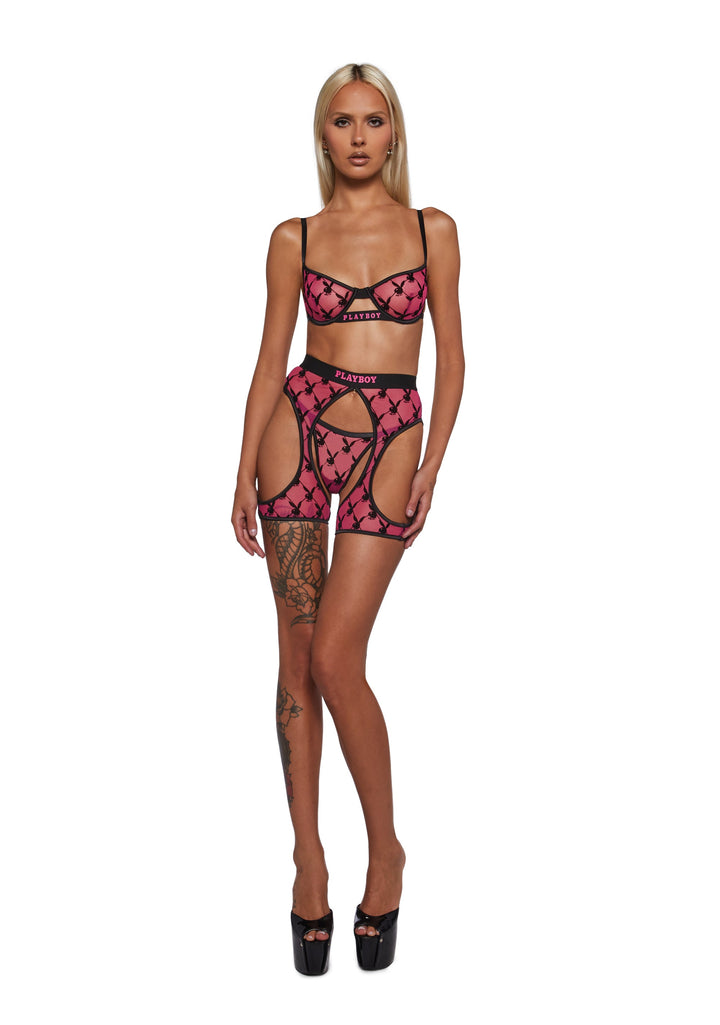 Playboy Flocked Bunny Chaps Set - Pink/Black