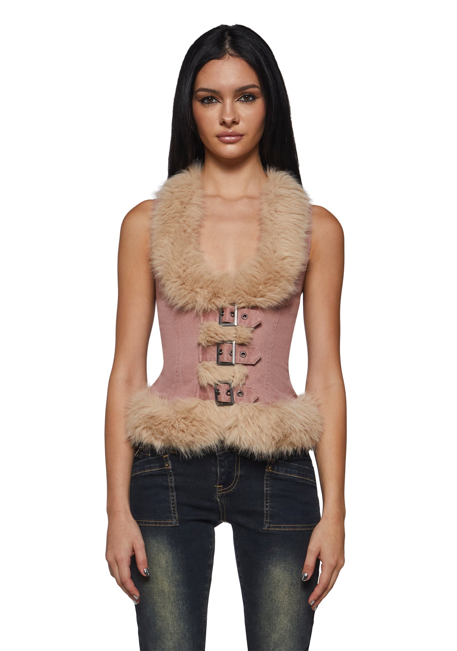 Ego Twill Fur Vest Top - Pink