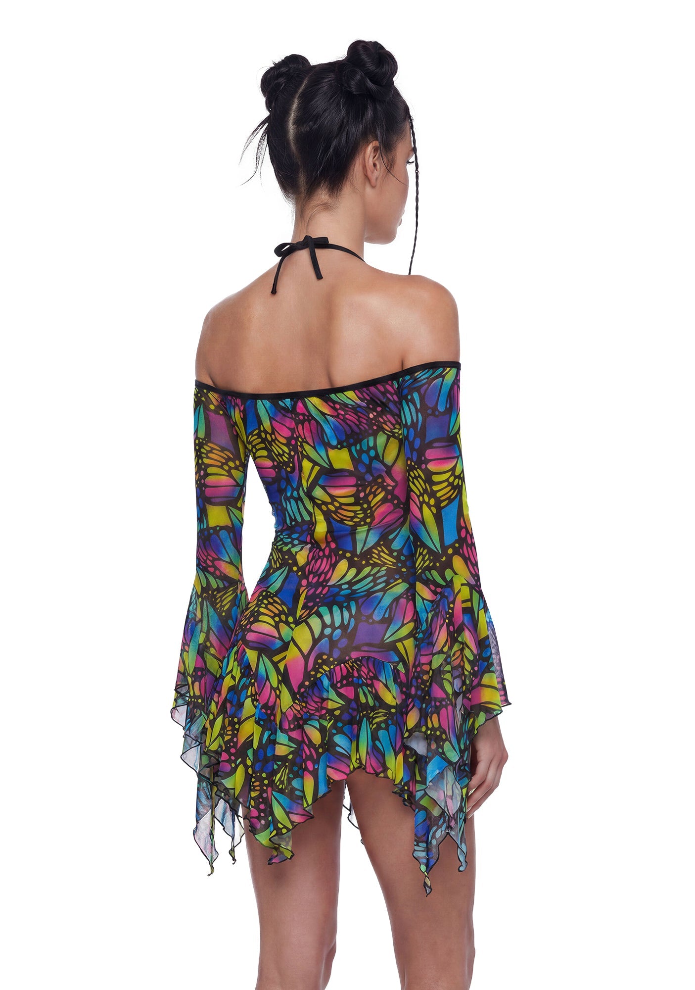 Butterfly Print Mesh Flowy Dress - Multi