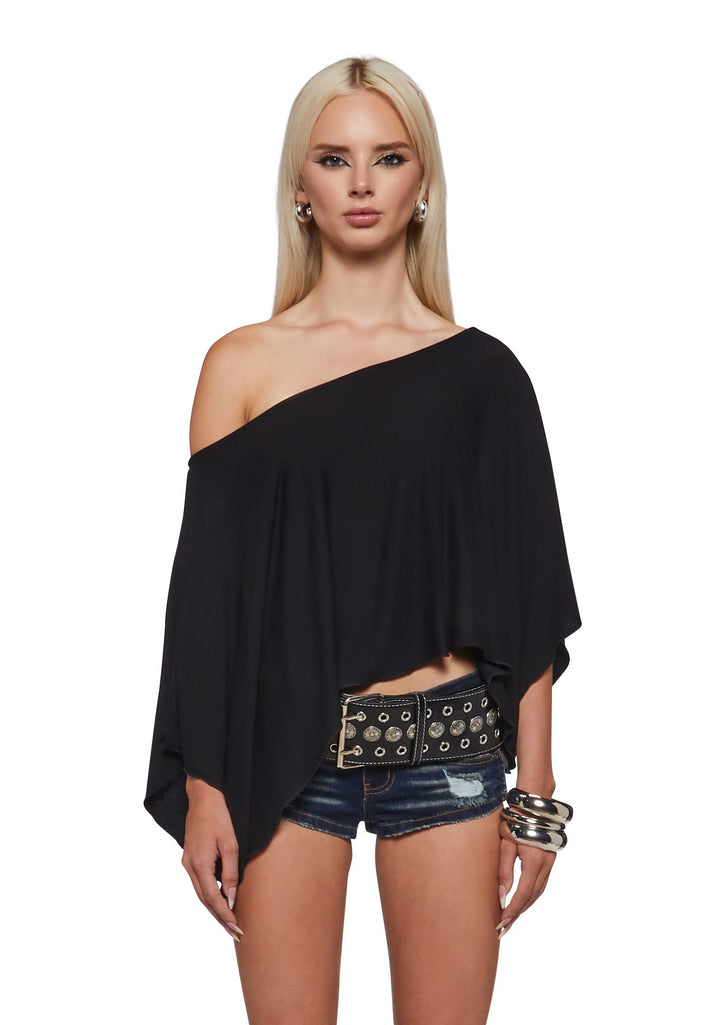 Leah Off The Shoulder Knit Poncho - Black