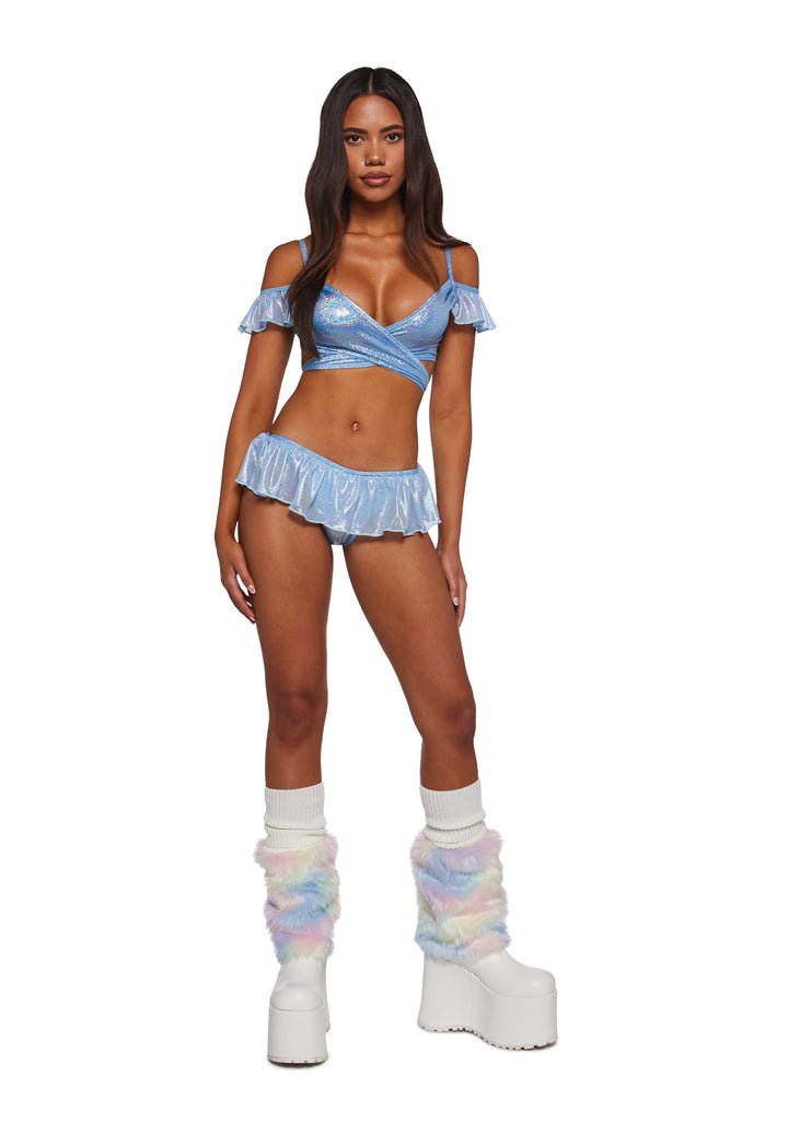 Metallic Coated Fishnet Bikini Set - Blue