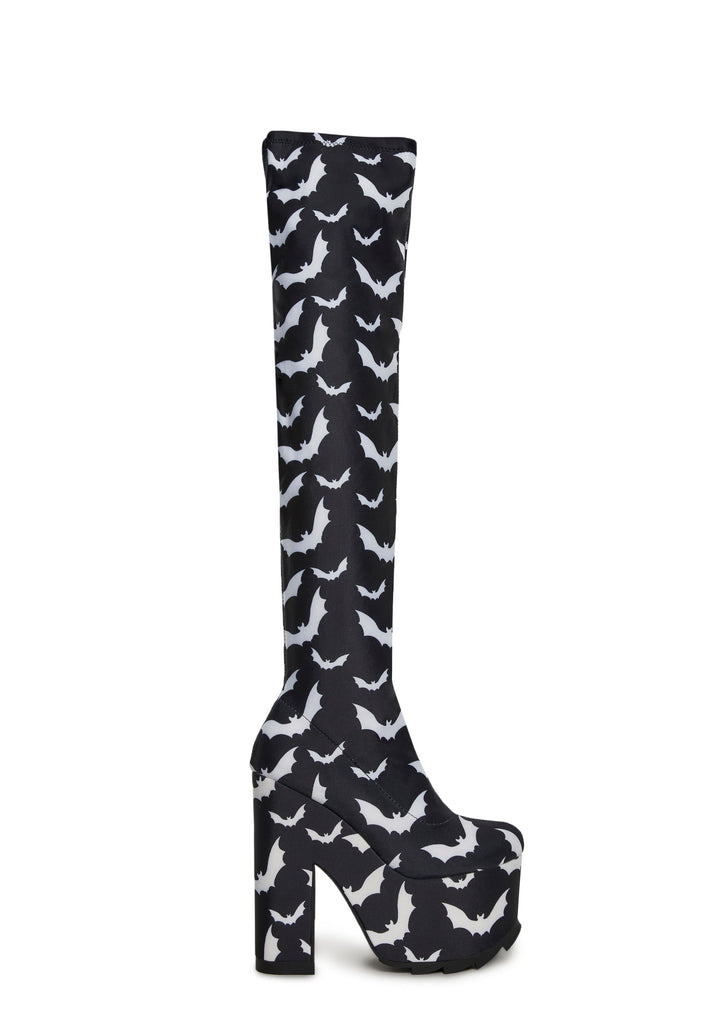 Labyrinth Bats Thigh High Platform Boots - Black/White