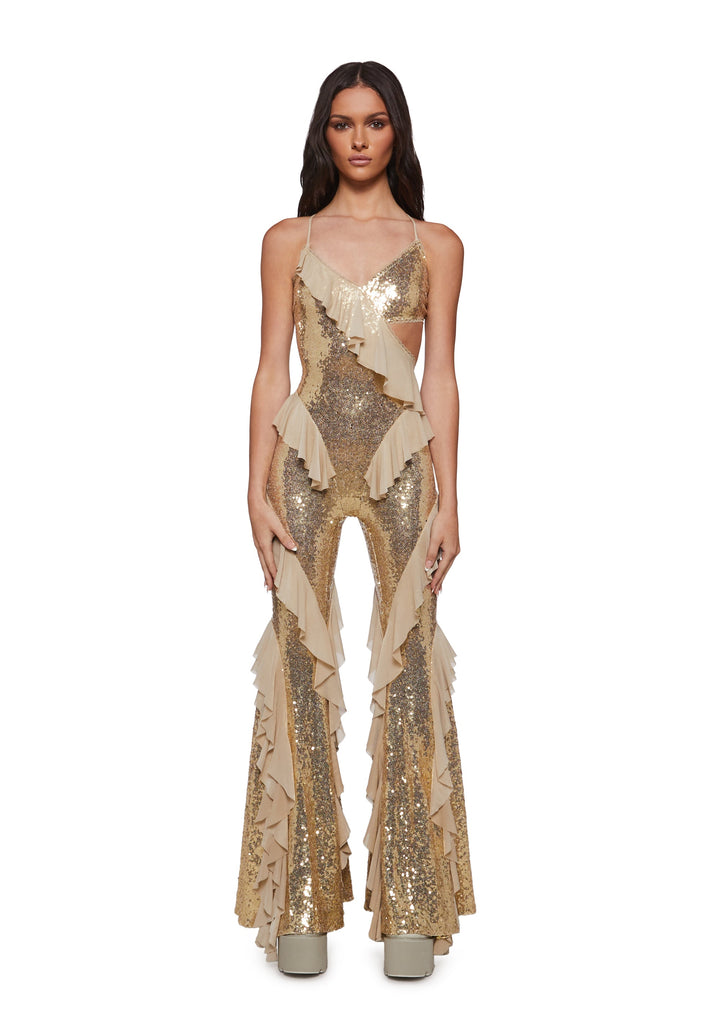 Melodramatic Gold Sequin Ruffle Jumpsuit
