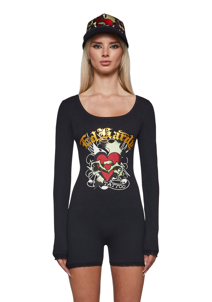 Sacred Heart Long Sleeve Short Lace Onesie - Black