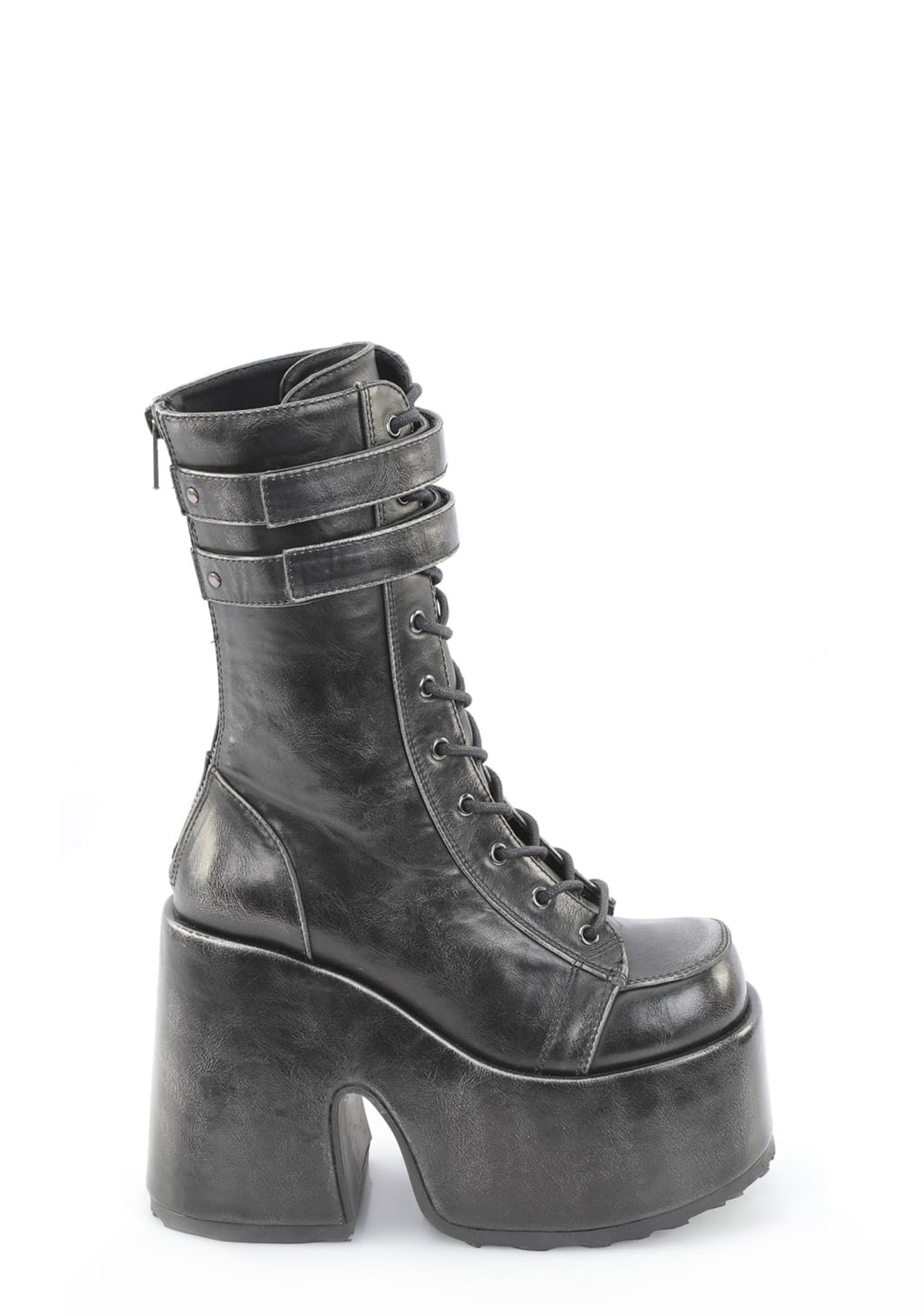 Camel-250 Lace Up Mid Calf Platform Boots - Black